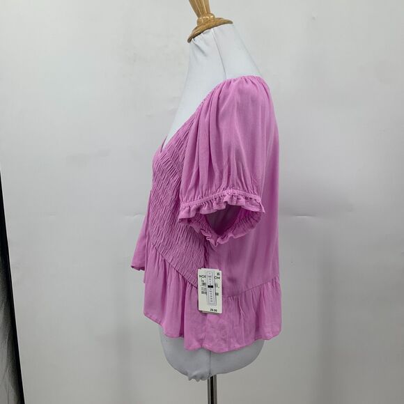 BP Babydoll Shirred Crop Top Womens L Purple Tulip Ruched Puff Sleeve Peplum - Picture 4 of 14